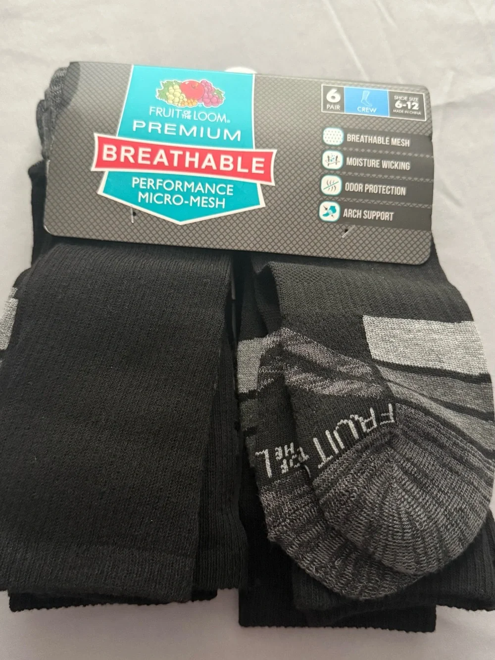 Fruit of the Loom Black & Gray Athletic Crew‎ Socks - 6 Pair